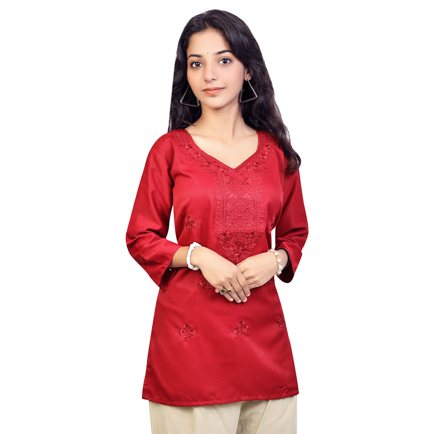 Trendy Red Embroidered Rayon Short Kurti for Women | Stylish Party & Casual Wear Top