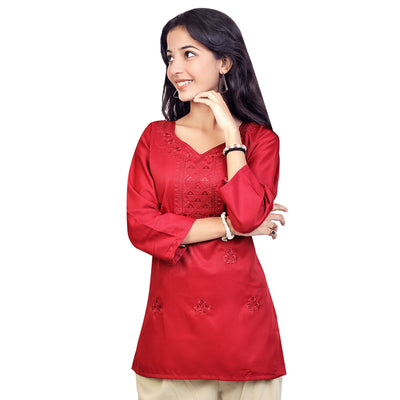 Trendy Red Embroidered Rayon Short Kurti for Women | Stylish Party & Casual Wear Top