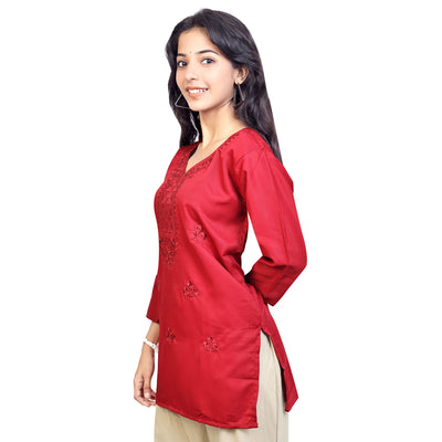 Trendy Red Embroidered Rayon Short Kurti for Women | Stylish Party & Casual Wear Top