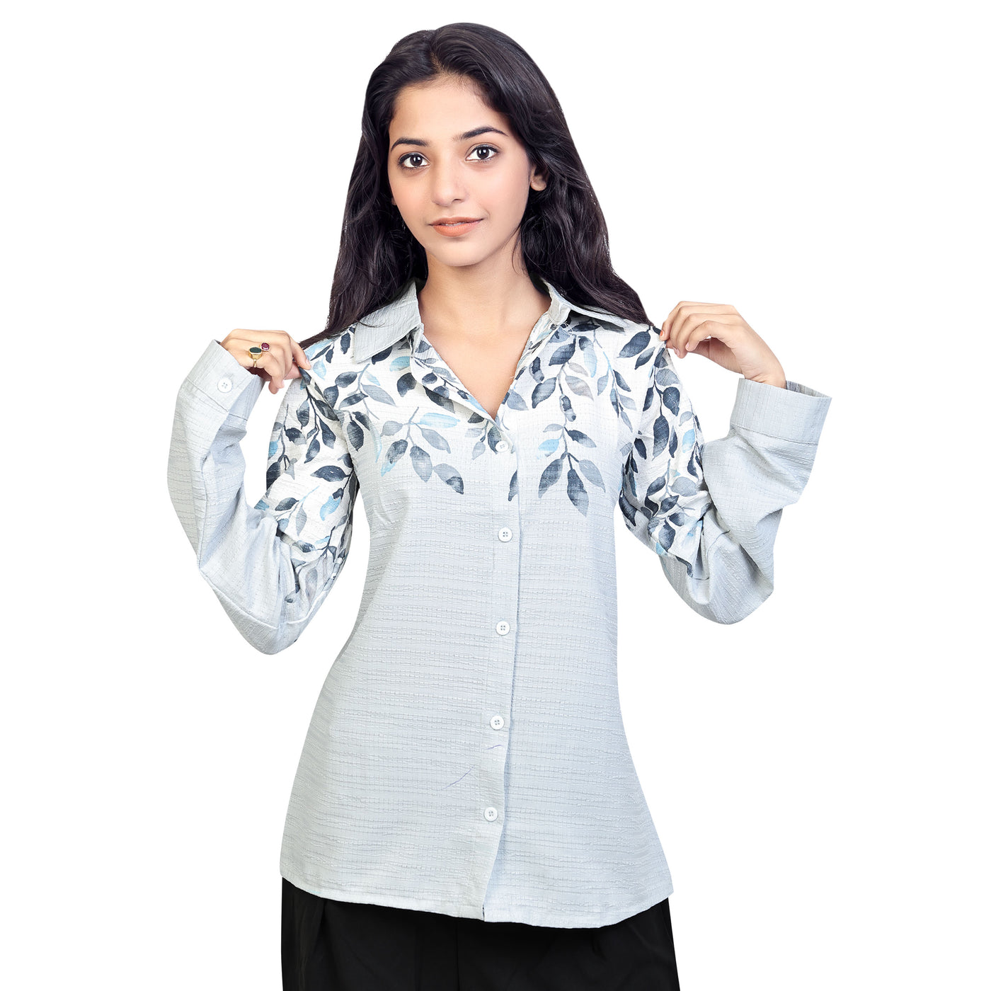 Women’s Cotton Leaf Print Shirt – Casual Office Wear Long Sleeve Button Down Top