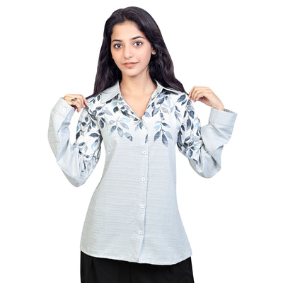 Women’s Cotton Leaf Print Shirt – Casual Office Wear Long Sleeve Button Down Top