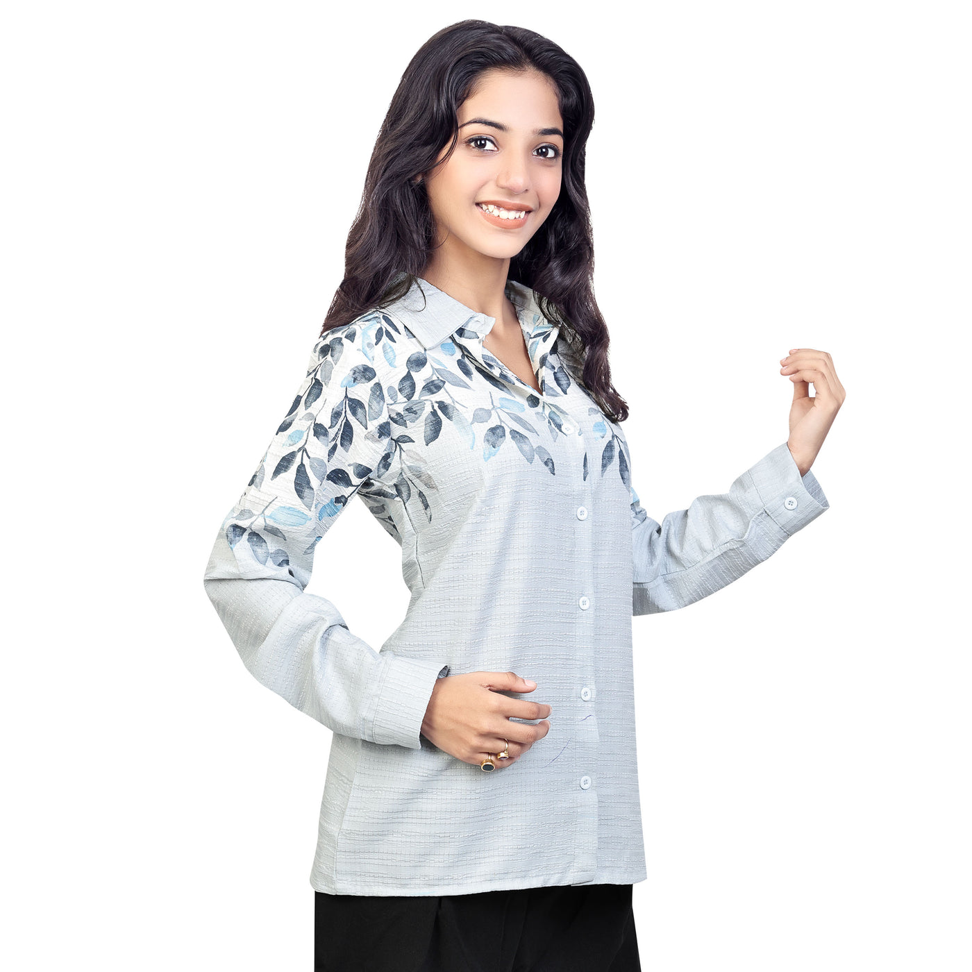 Women’s Cotton Leaf Print Shirt – Casual Office Wear Long Sleeve Button Down Top
