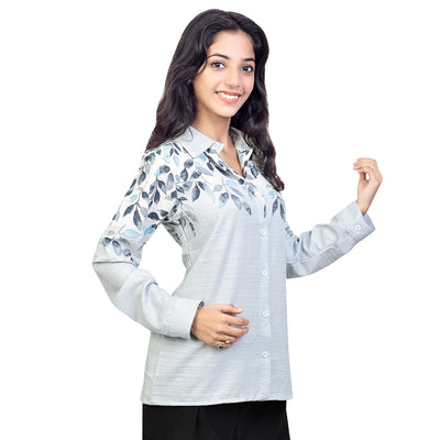 Women’s Cotton Leaf Print Shirt – Casual Office Wear Long Sleeve Button Down Top