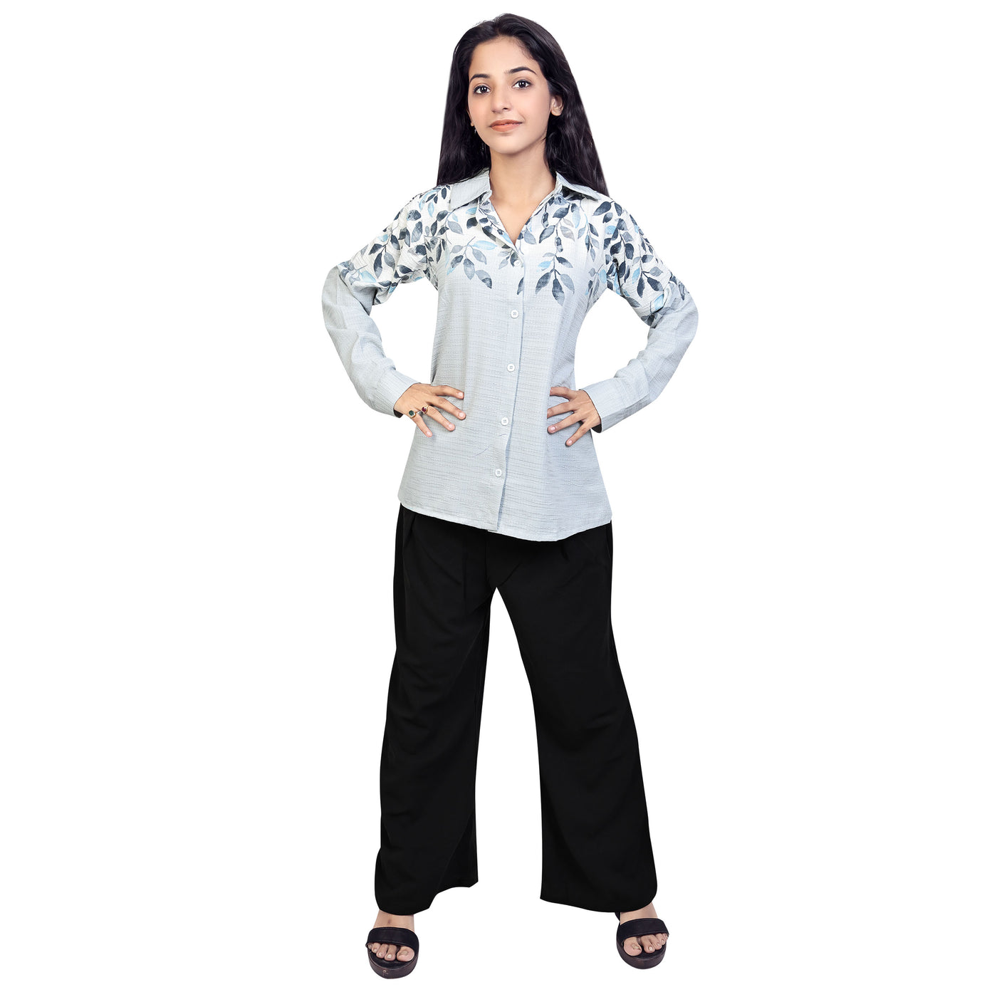 Women’s Cotton Leaf Print Shirt – Casual Office Wear Long Sleeve Button Down Top
