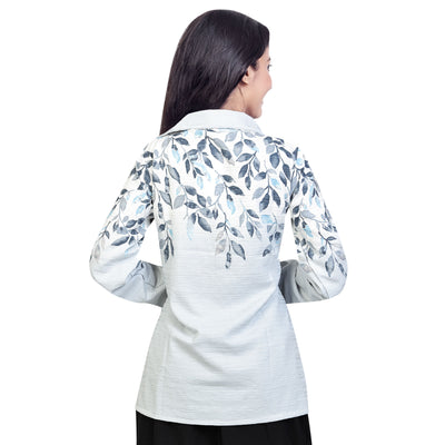 Women’s Cotton Leaf Print Shirt – Casual Office Wear Long Sleeve Button Down Top