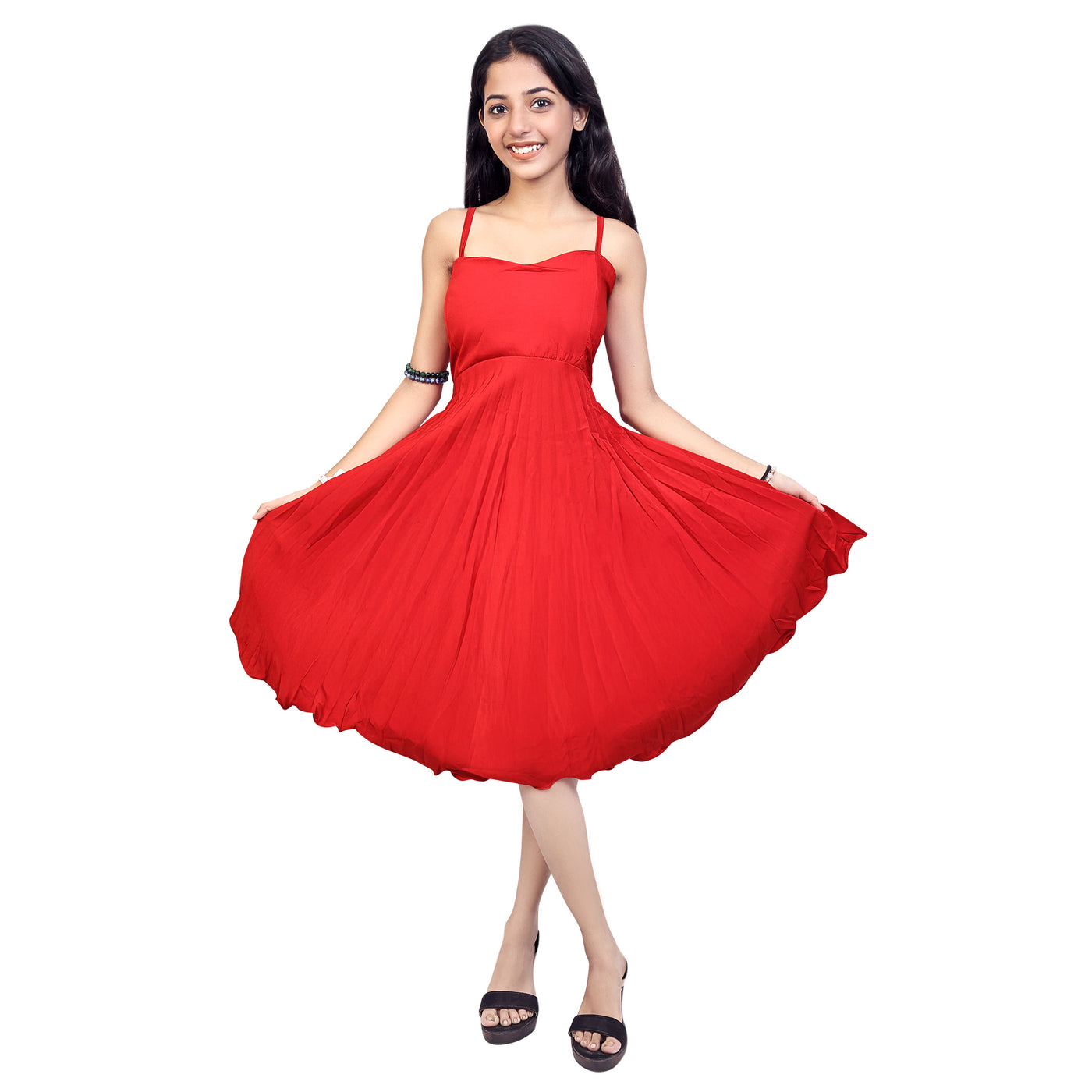 Girls Stylish Red A line Midi Dress Sleeveless Party Wear Dress For Girls