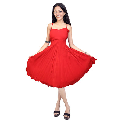 Girls Stylish Red A line Midi Dress Sleeveless Party Wear Dress For Girls