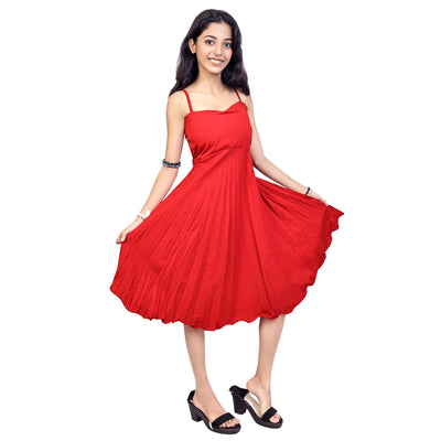 Girls Stylish Red A line Midi Dress Sleeveless Party Wear Dress For Girls