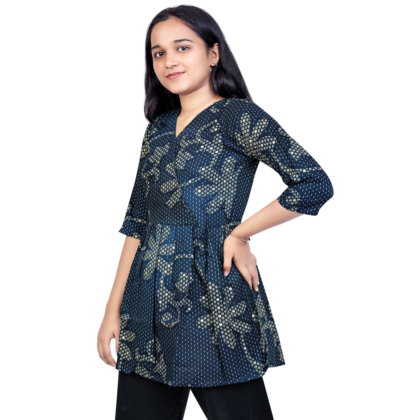 Angry Girls Navy Blue Printed Rayon V-Neck Short Kurti for girl's & woman