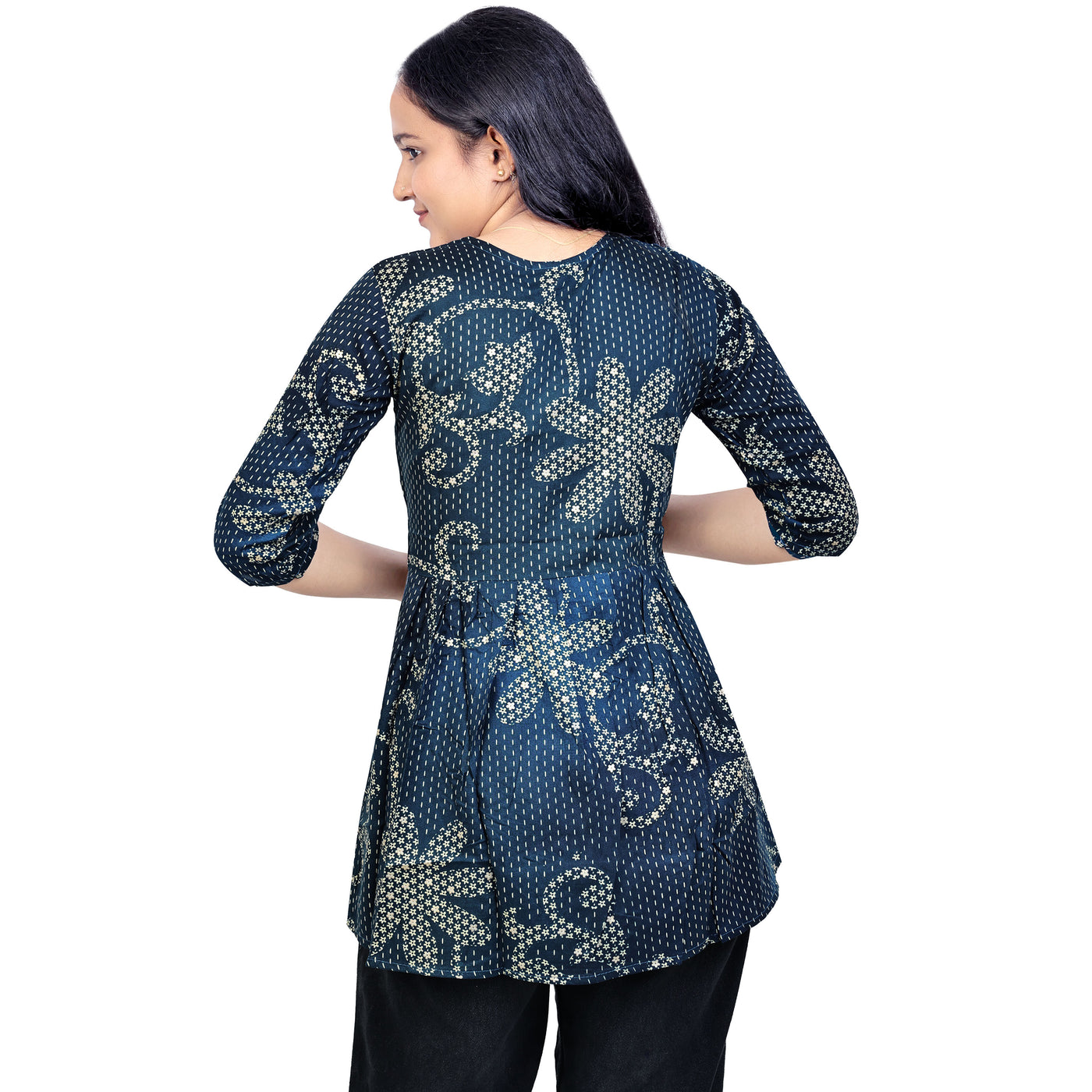 Angry Girls Navy Blue Printed Rayon V-Neck Short Kurti for girl's & woman