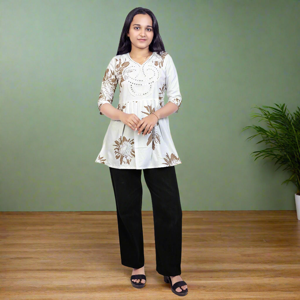 Embroidered Floral Short Kurti for Women & Girls | Elegant Casual Tunic Top