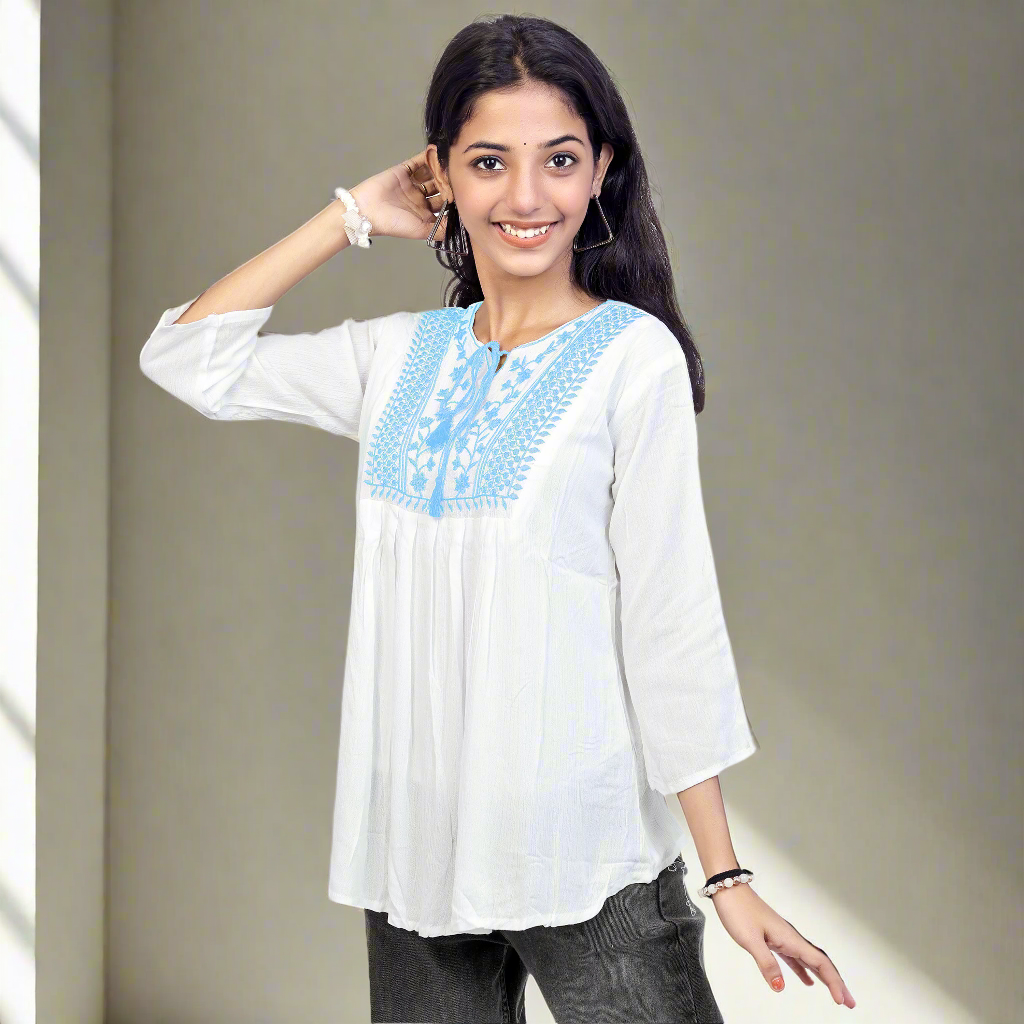 Embroidered White Short Kurti for Women & Girls | Stylish Casual Ethnic Top