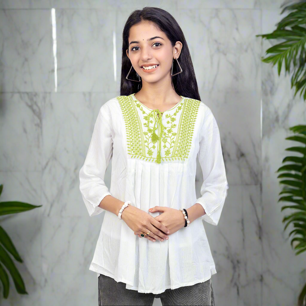 Embroidered White Short Kurti for Women & Girls | Stylish Casual Ethnic Top