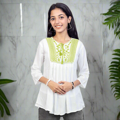 Embroidered White Short Kurti for Women & Girls | Stylish Casual Ethnic Top