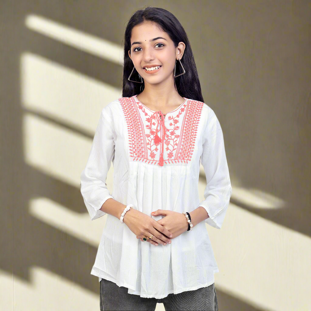 Embroidered White Short Kurti for Women & Girls | Stylish Casual Ethnic Top