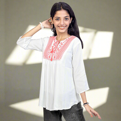 Embroidered White Short Kurti for Women & Girls | Stylish Casual Ethnic Top