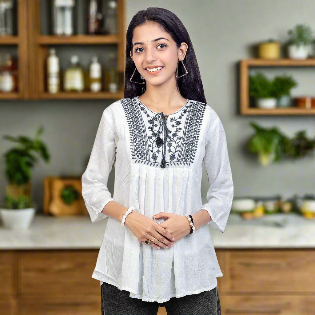 Embroidered White Short Kurti for Women & Girls | Stylish Casual Ethnic Top