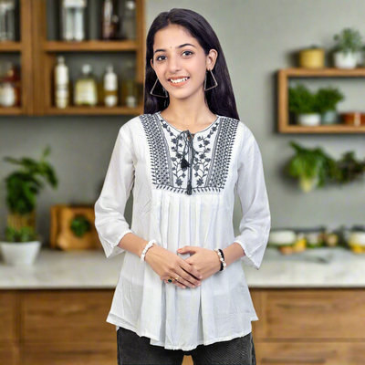 Embroidered White Short Kurti for Women & Girls | Stylish Casual Ethnic Top