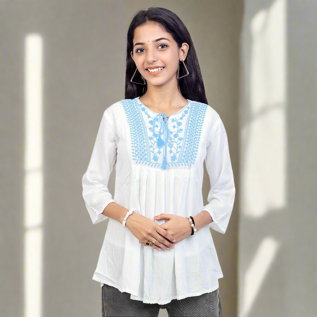 Embroidered White Short Kurti for Women & Girls | Stylish Casual Ethnic Top