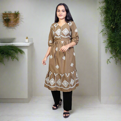 Women’s Brown Printed Cotton Kurti – Ethnic Wear for Casual & Party