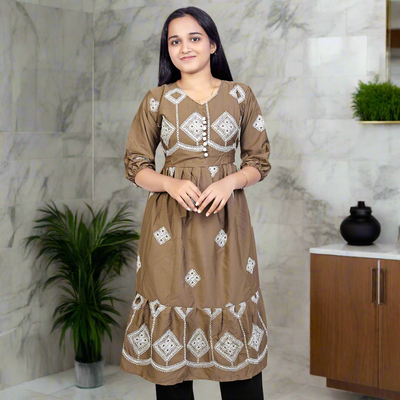 Women’s Brown Printed Cotton Kurti – Ethnic Wear for Casual & Party