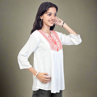 Embroidered White Short Kurti for Women & Girls | Stylish Casual Ethnic Top