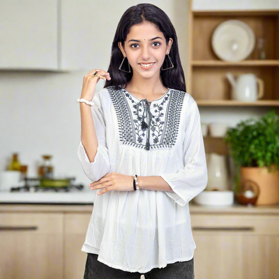 Embroidered White Short Kurti for Women & Girls | Stylish Casual Ethnic Top