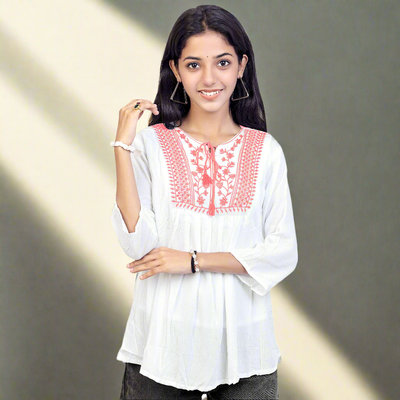 Embroidered White Short Kurti for Women & Girls | Stylish Casual Ethnic Top