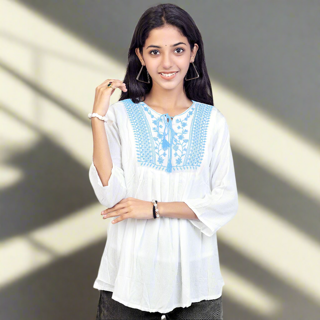 Embroidered White Short Kurti for Women & Girls | Stylish Casual Ethnic Top