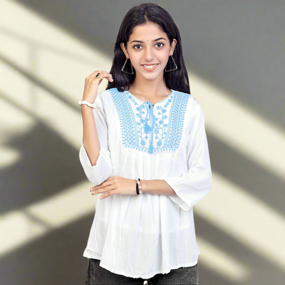 Embroidered White Short Kurti for Women & Girls | Stylish Casual Ethnic Top