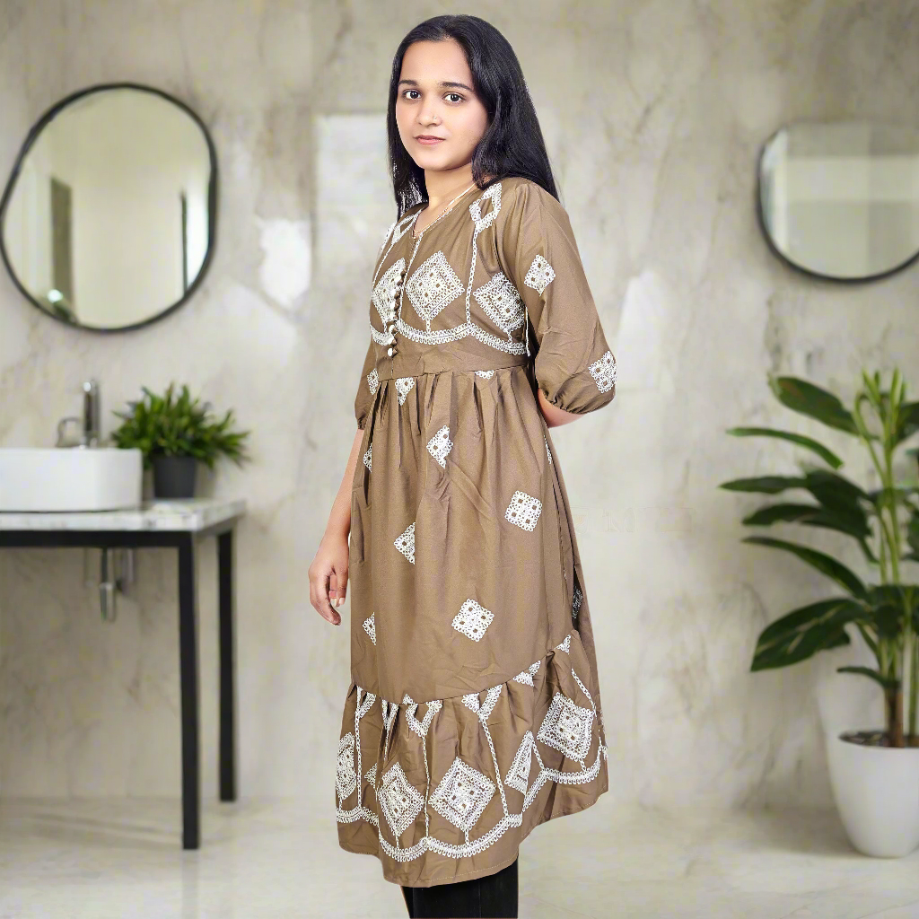 Women’s Brown Printed Cotton Kurti – Ethnic Wear for Casual & Party