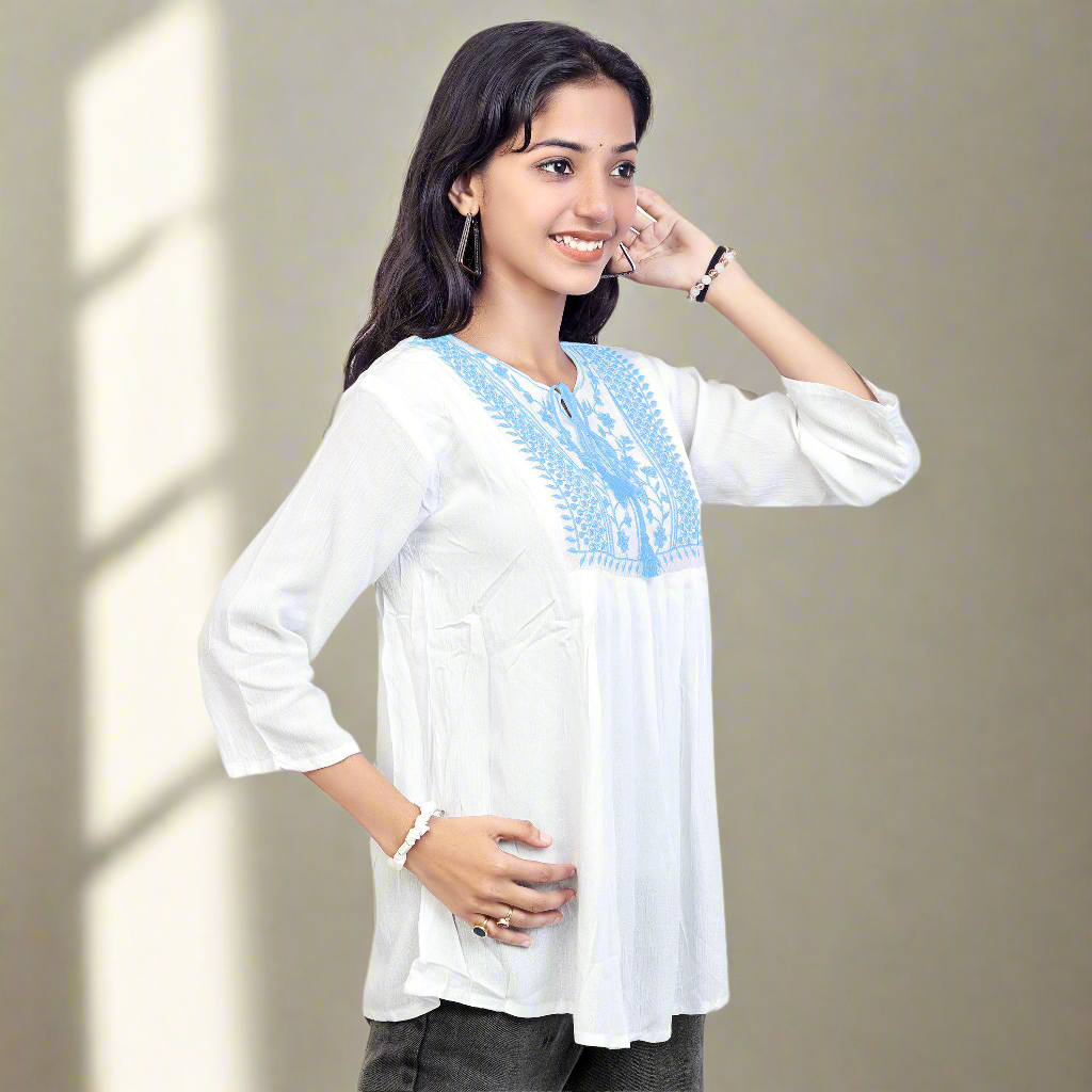 Embroidered White Short Kurti for Women & Girls | Stylish Casual Ethnic Top