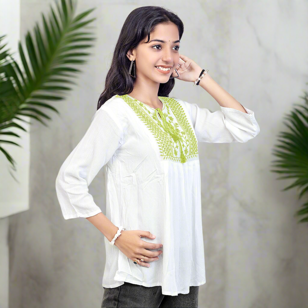 Embroidered White Short Kurti for Women & Girls | Stylish Casual Ethnic Top
