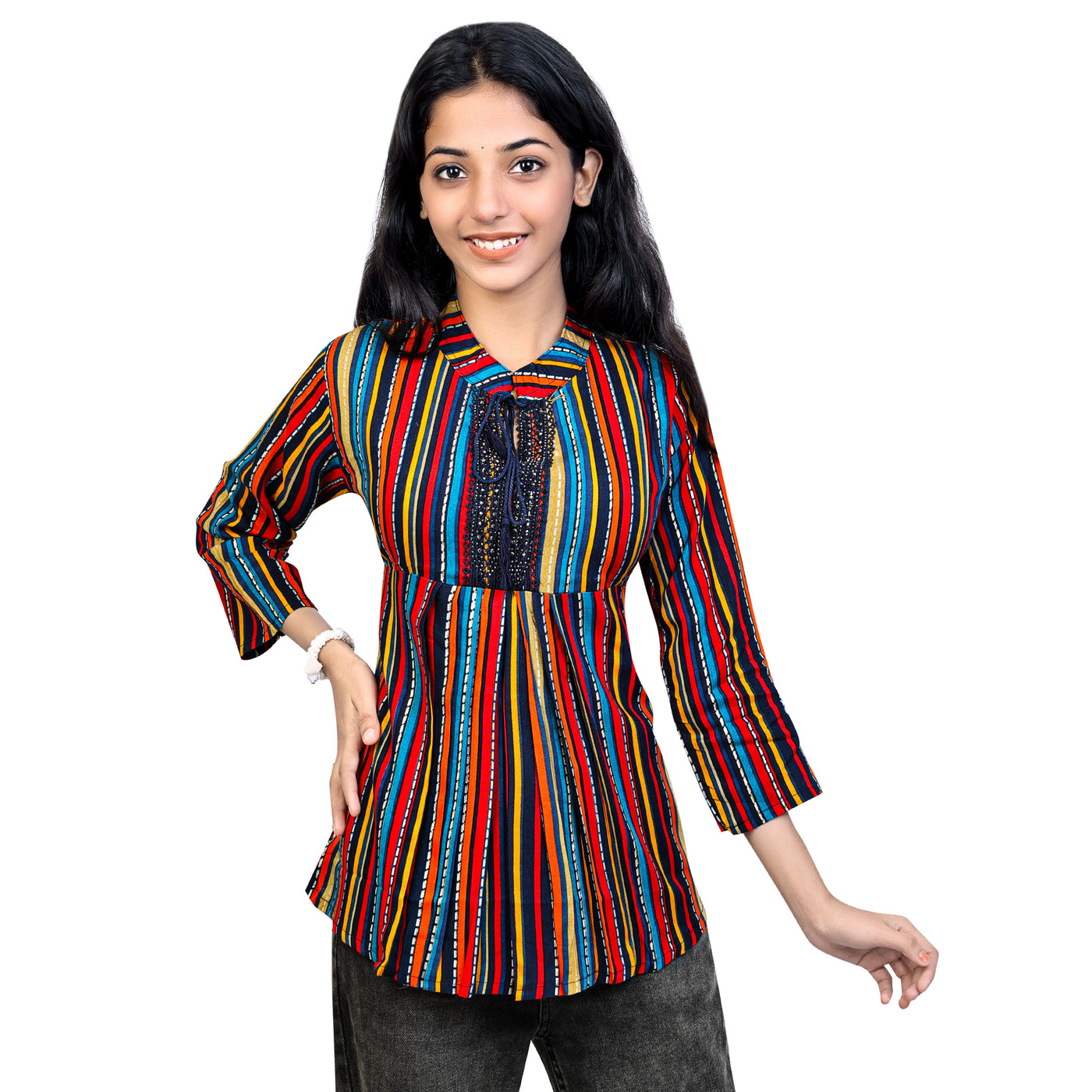 Multicolor Striped Rayon Short Kurti for Women | Stylish Casual & Party Wear Top