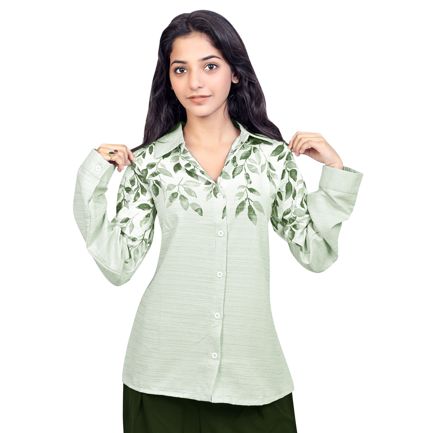 Women’s Cotton Leaf Print Shirt – Casual Office Wear Long Sleeve Button Down Top