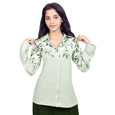 Women’s Cotton Leaf Print Shirt – Casual Office Wear Long Sleeve Button Down Top