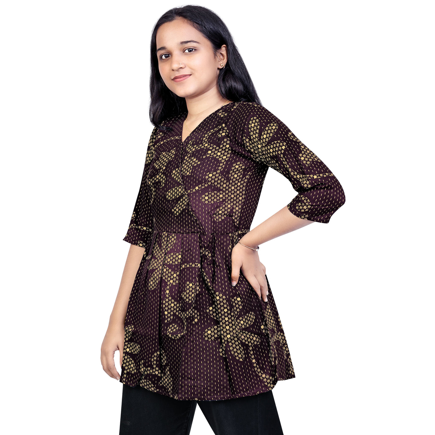 Angry Girls Navy Blue Printed Rayon V-Neck Short Kurti for girl's & woman