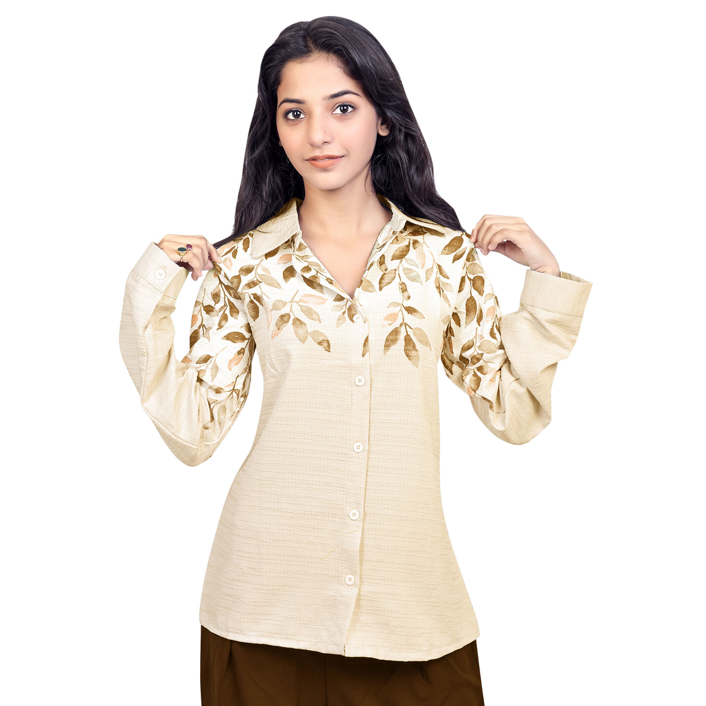 Women’s Cotton Leaf Print Shirt – Casual Office Wear Long Sleeve Button Down Top