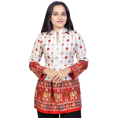 Elegant White & Red Printed Short Kurti for Women | Designer Ethnic & Casual Wear Top
