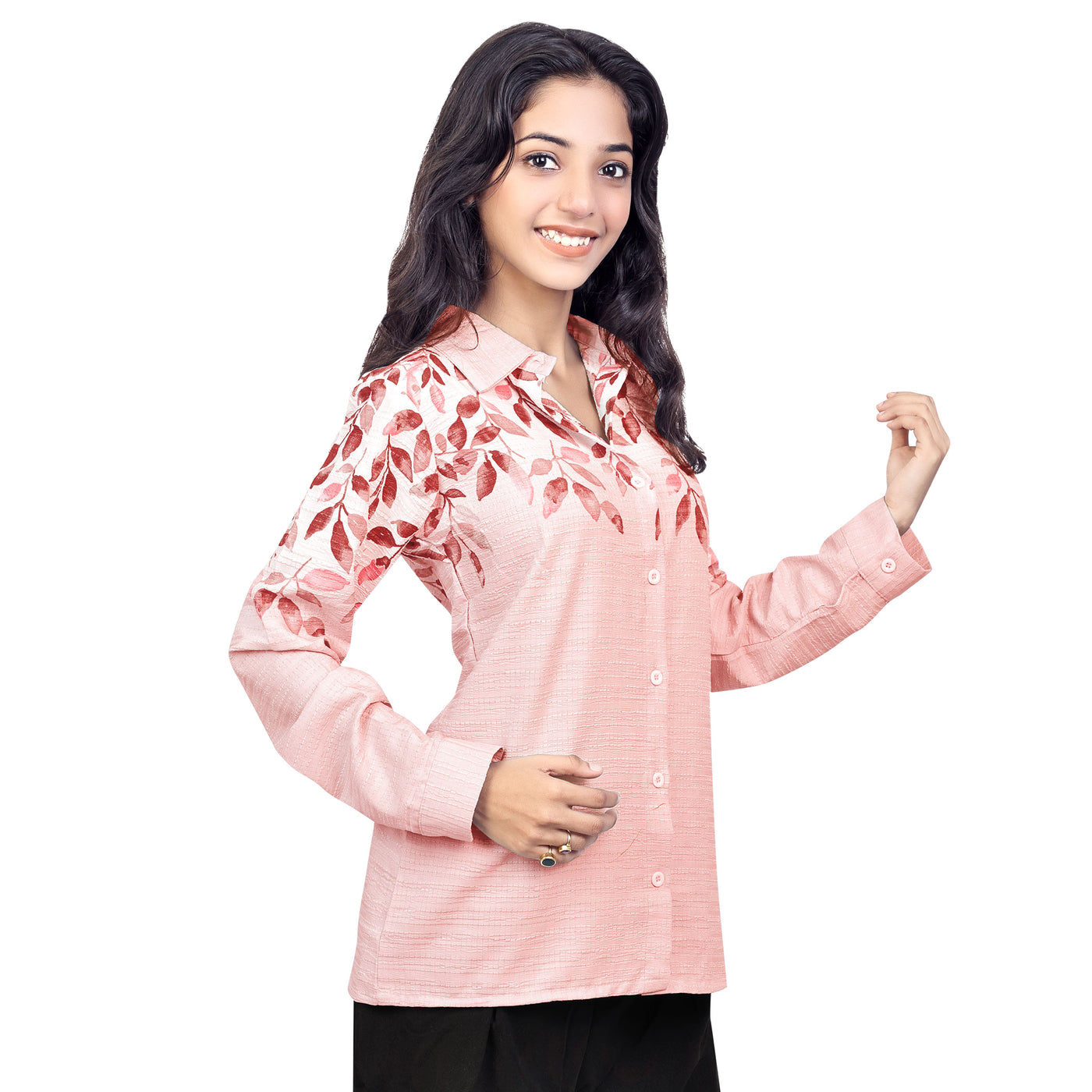 Women’s Cotton Leaf Print Shirt – Casual Office Wear Long Sleeve Button Down Top