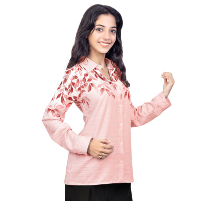 Women’s Cotton Leaf Print Shirt – Casual Office Wear Long Sleeve Button Down Top
