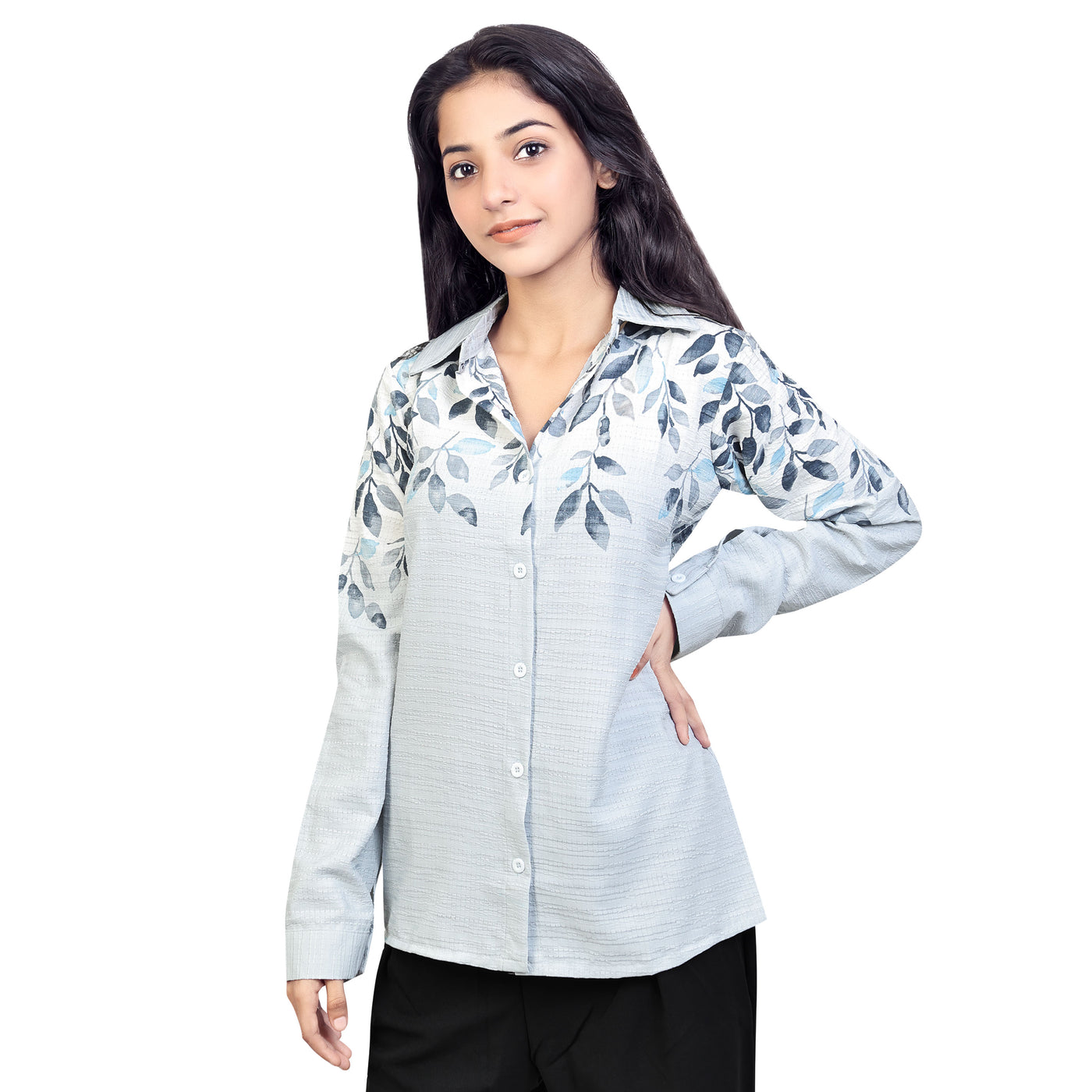 Women’s Cotton Leaf Print Shirt – Casual Office Wear Long Sleeve Button Down Top