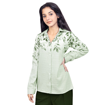 Women’s Cotton Leaf Print Shirt – Casual Office Wear Long Sleeve Button Down Top