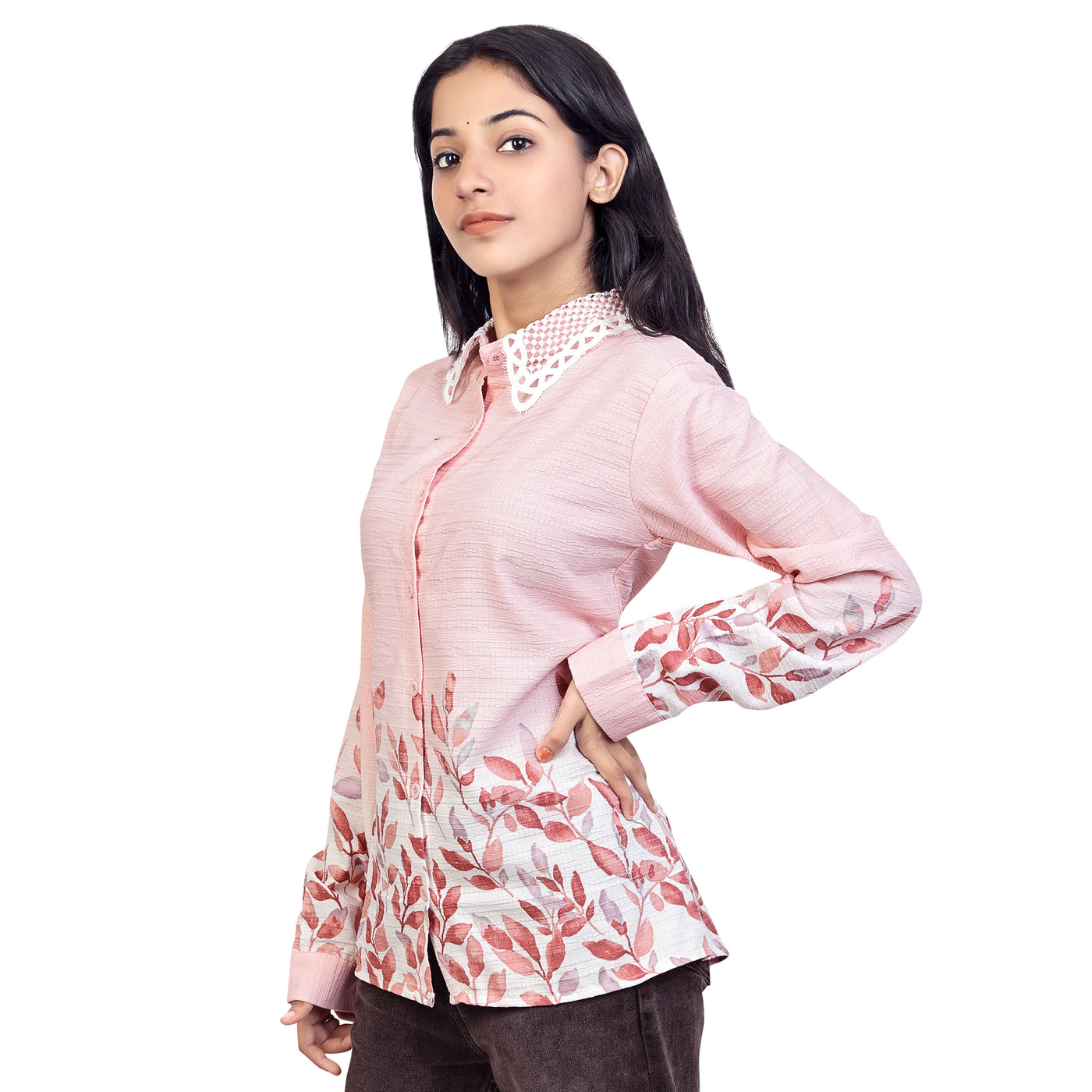 Leaf Print Collared Full Sleeve Casual Shirt for Women & Girls – Stylish Everyday & Office Wear