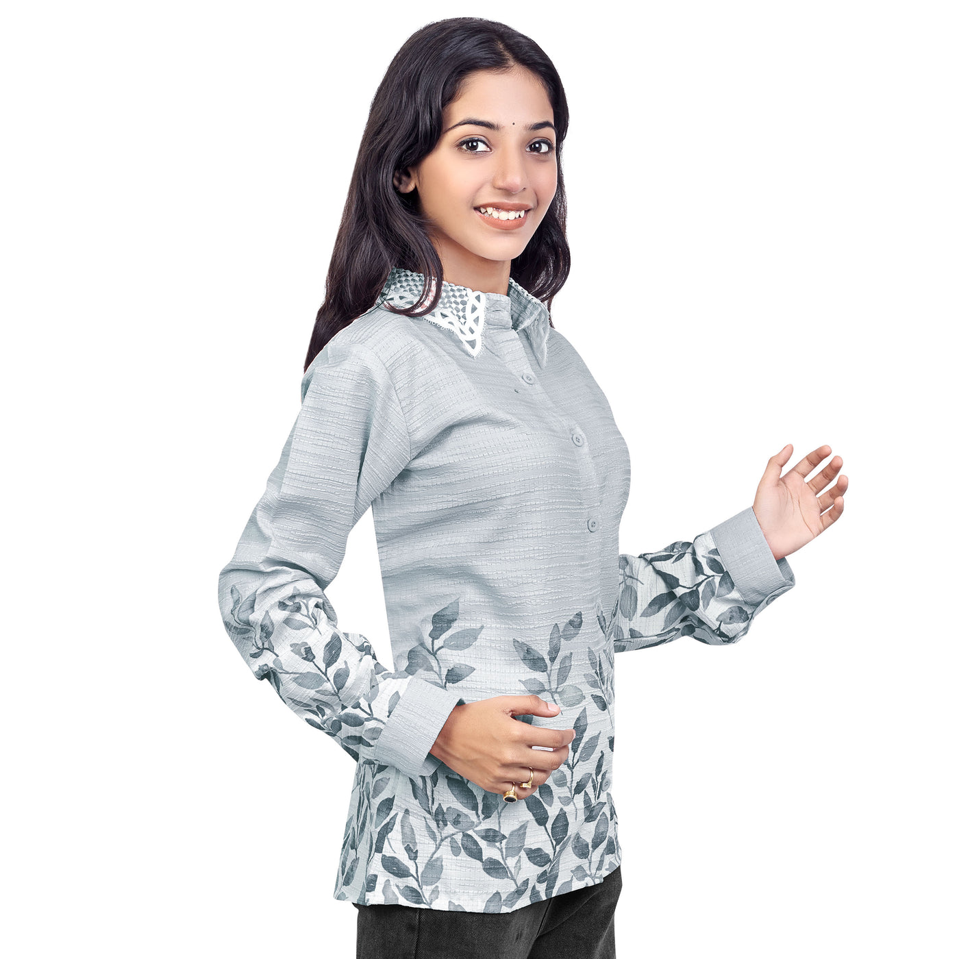 Leaf Print Collared Full Sleeve Casual Shirt for Women & Girls – Stylish Everyday & Office Wear
