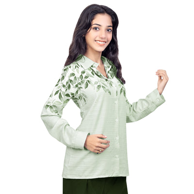 Women’s Cotton Leaf Print Shirt – Casual Office Wear Long Sleeve Button Down Top
