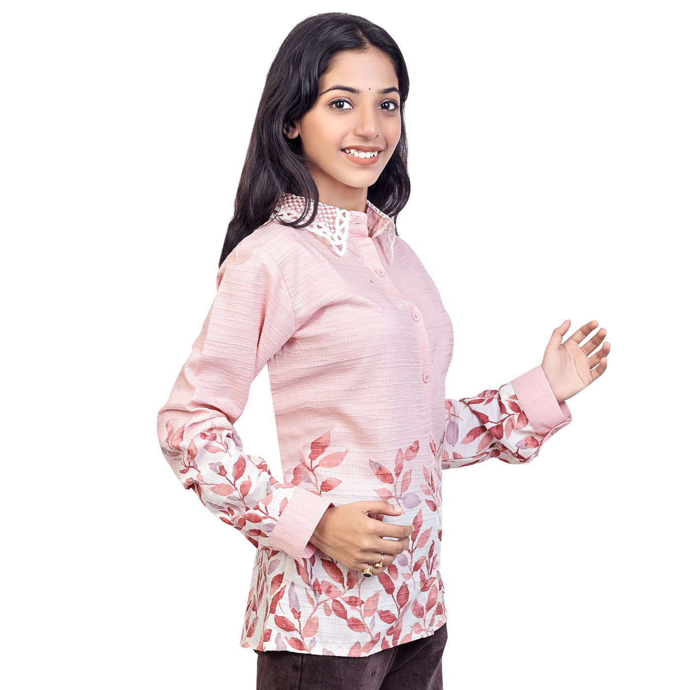 Leaf Print Collared Full Sleeve Casual Shirt for Women & Girls – Stylish Everyday & Office Wear