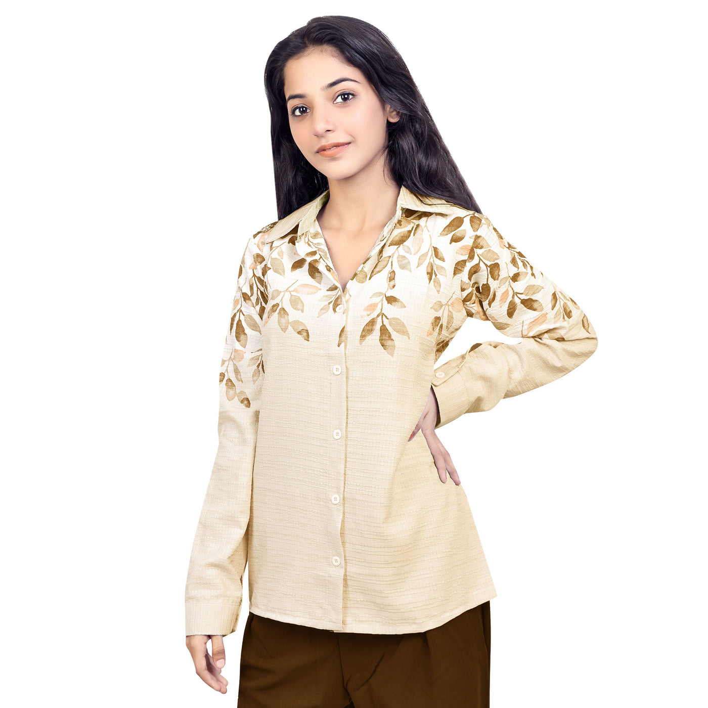 Women’s Cotton Leaf Print Shirt – Casual Office Wear Long Sleeve Button Down Top