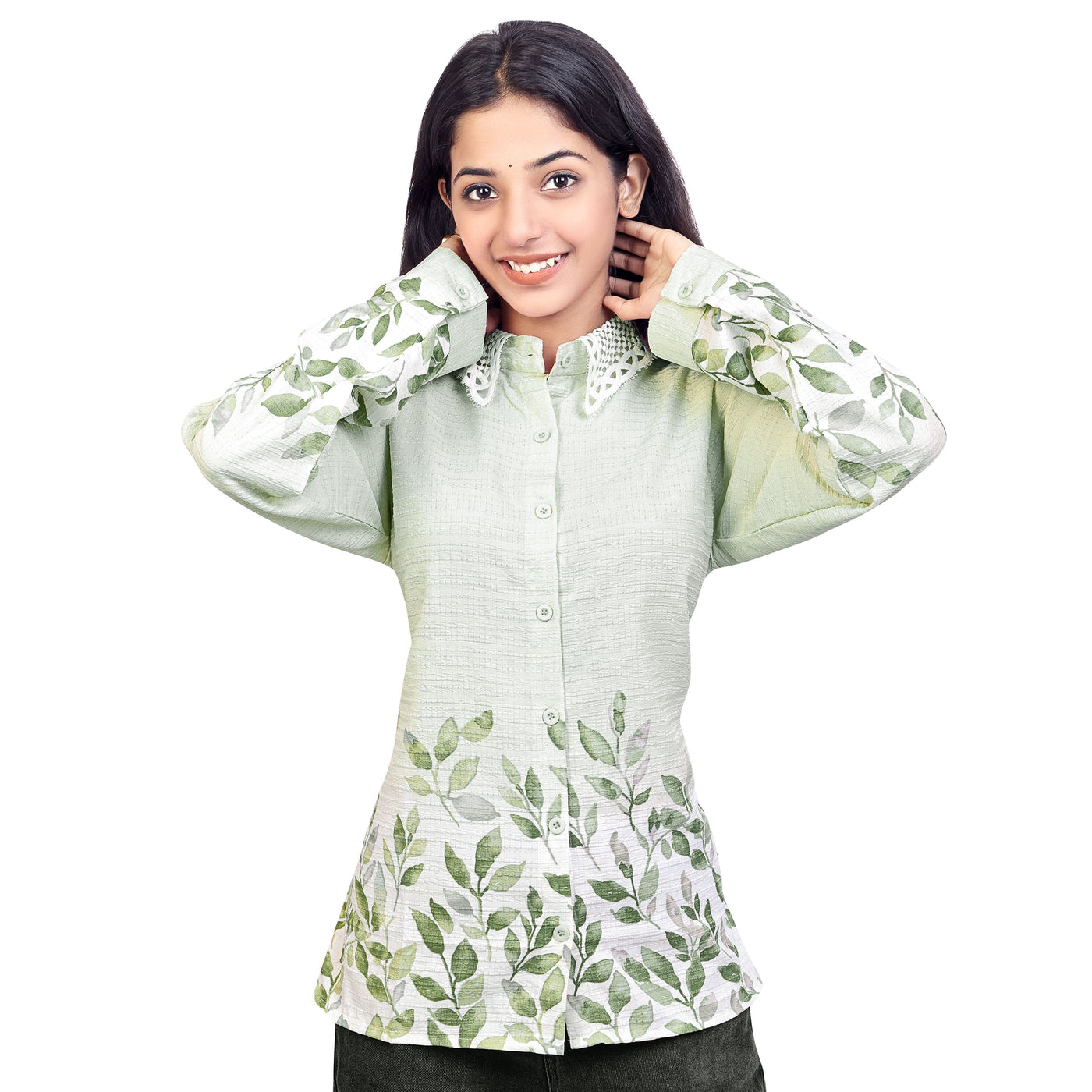 Leaf Print Collared Full Sleeve Casual Shirt for Women & Girls – Stylish Everyday & Office Wear