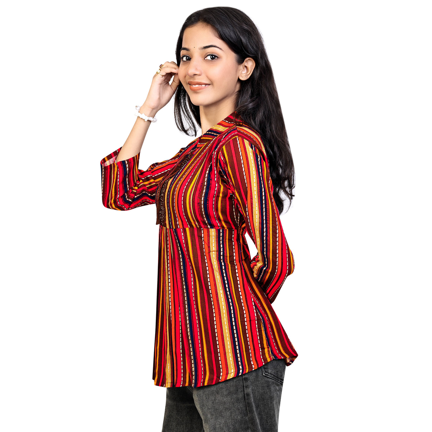 Multicolor Striped Rayon Short Kurti for Women | Stylish Casual & Party Wear Top